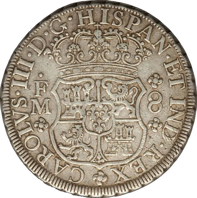Spanish 8 reales pillar dollar, Mexico City 1771: two globes between the Pillars of Hercules, and the royal arms