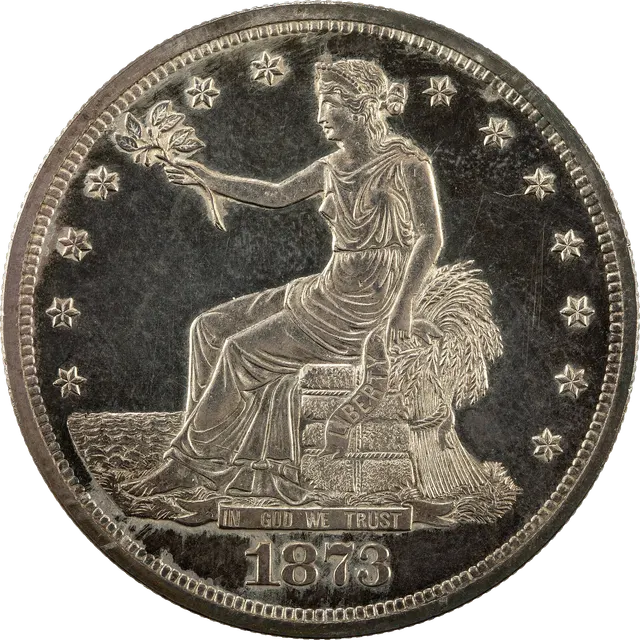 1873 trade dollar: Liberty seated on a bale facing the sea, and an eagle above the words "420 GRAINS, 900 FINE"