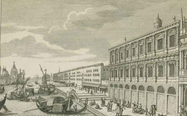 1729 engraving of Sansovino's Zecca, the Venetian mint, on the waterfront beside the fish market, with gondolas in front