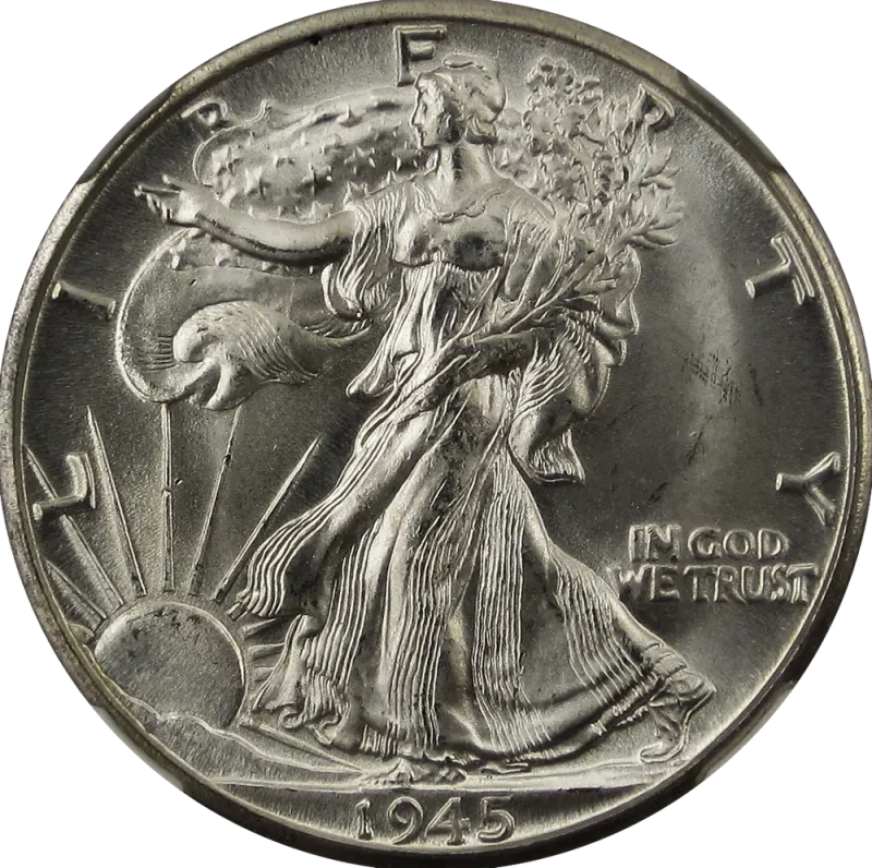 1945-D Walking Liberty half dollar, front: Liberty striding toward the rising sun, wrapped in the flag