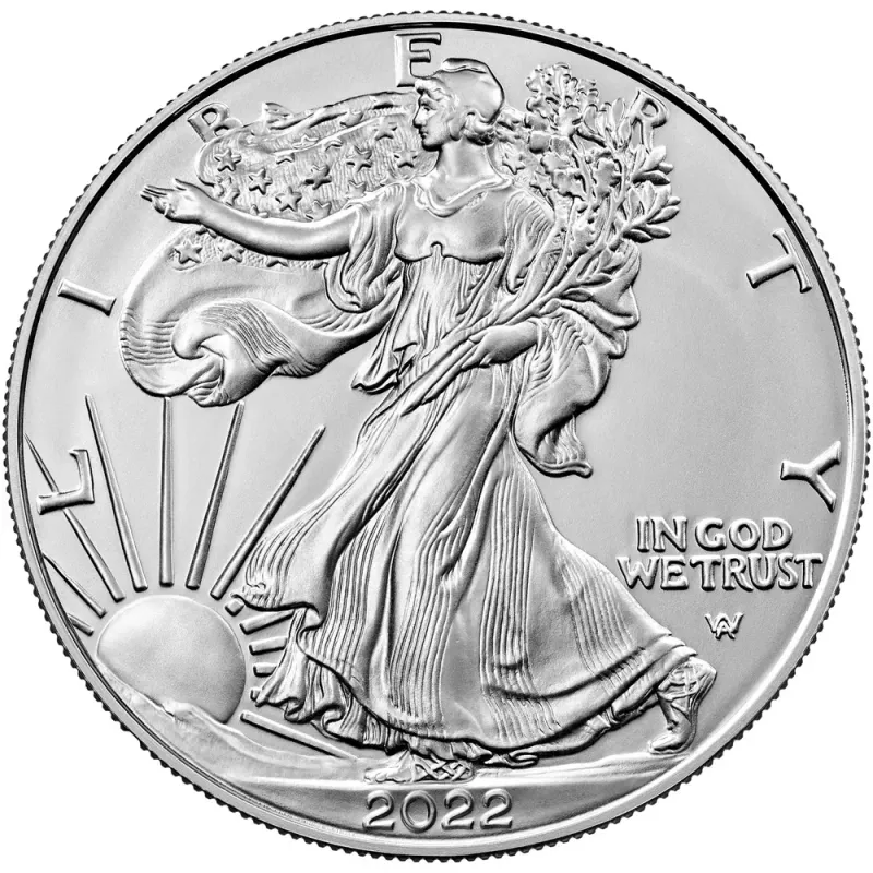 2022 American Silver Eagle, front: Weinman's walking Liberty reused on the bullion coin