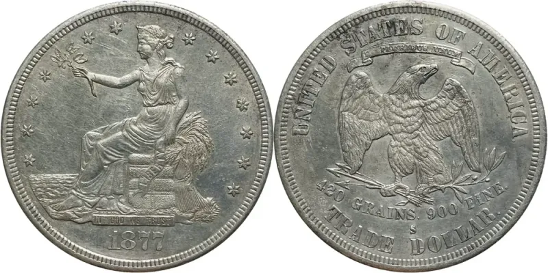 1877-CC trade dollar from the Carson City mint, both sides, with the CC mint mark above the D of DOLLAR