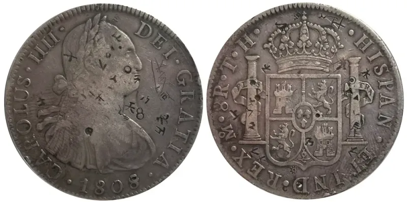 Spanish 8 reales of 1808 covered in Chinese chopmarks, the same kind of merchant stamps found on trade dollars
