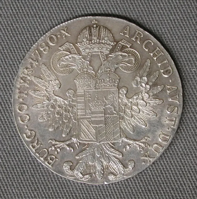 Back of the thaler: the crowned double-headed Habsburg eagle with her coat of arms and the date 1780