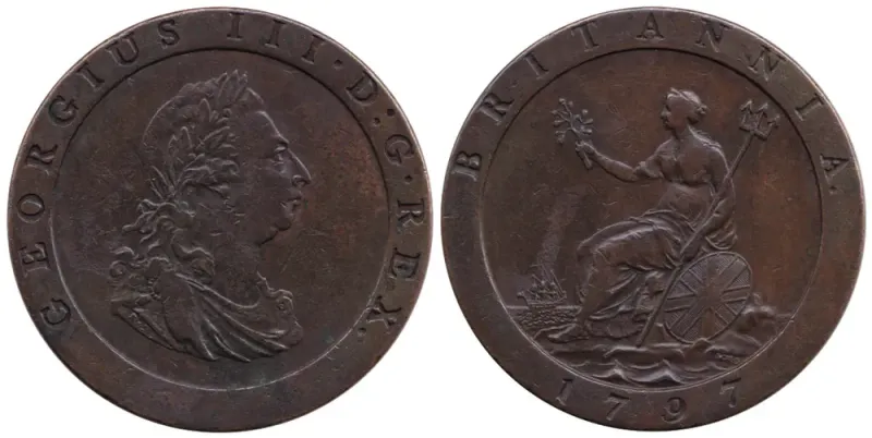 1797 cartwheel penny of George III, both sides: the king's bust and Britannia, with the broad raised rim