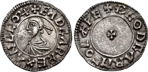 Reform penny of King Edgar, 973–975: diademed bust, and a small cross ringed by the moneyer's and mint's names