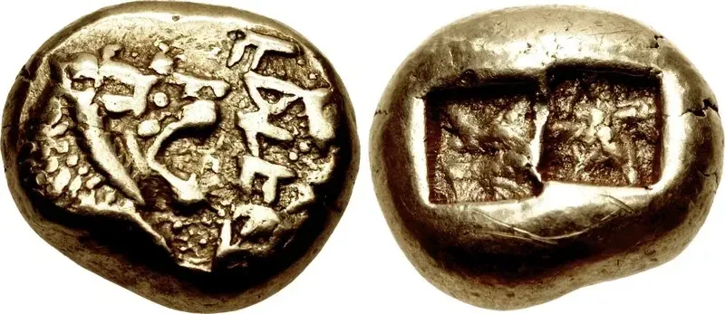 Lydian Lion electrum trite of King Alyattes: roaring lion head with the Lydian inscription walwet on the front, two square punch marks on the back