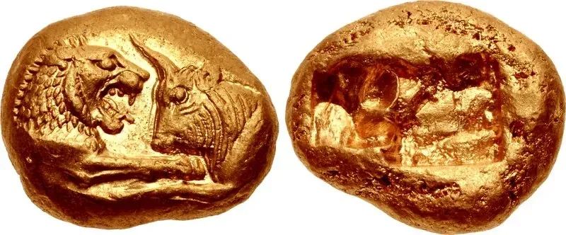 Gold Croeseid of King Croesus showing a lion facing a bull