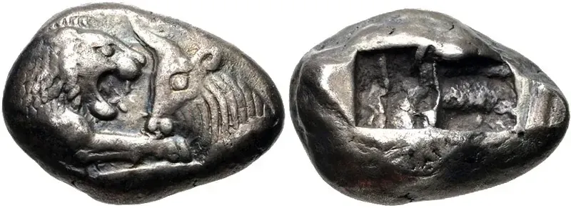 Silver Croeseid of King Croesus showing a lion facing a bull