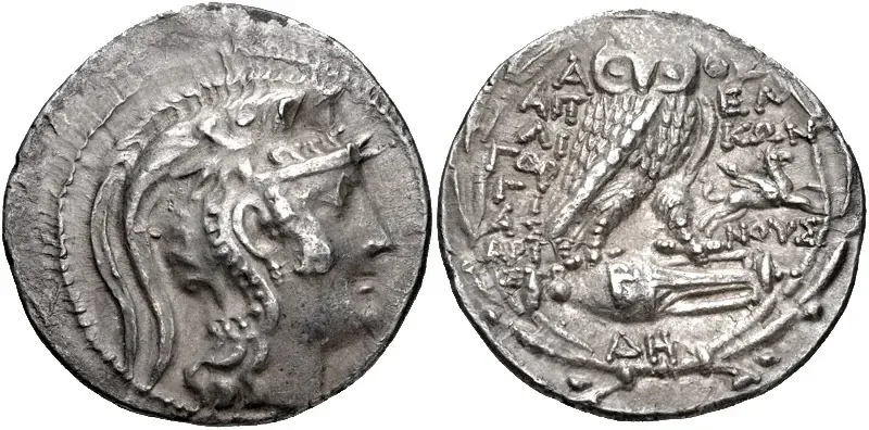 New Style Athenian tetradrachm, struck 89/8 BC, with an owl standing on an amphora inside an olive wreath