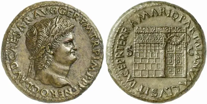 Brass sestertius of Nero, AD 65: laureate portrait on the front, the Temple of Janus on the back